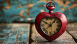 © Steven - Heart-shaped clock with an antique look, sitting on a wooden surface with a rustic blue background.
