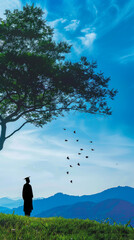 Wall Mural - Serene Landscape with Silhouette of a Man and Birds Flying