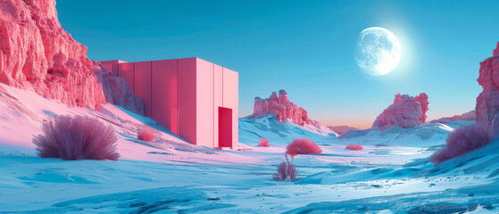 Wall Mural - Surreal Pink Desert Landscape with Moon