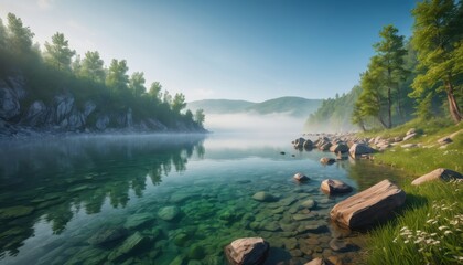 Canvas Print - Misty Lake in the Forest.