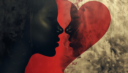 Abstract silhouette of two faces forming a heart shape, artistic and emotional composition with a red heart background, perfect for love-themed and creative projects