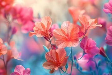 Wall Mural - Vibrant Pink And Orange Flowers Blooming In A Spring Garden