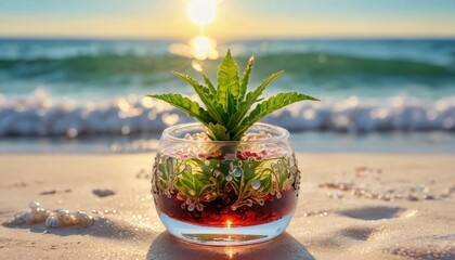 Poster - Green Plant in a Glass Vase on the Beach.