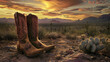 © sornram - Pair of cowboy boots in the desert at sunset with mountains in the background and cactus plants on the ground.