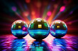 © samiranaj - Three disco balls, silver, blue, gold, on a dance floor, reflecting light, retro party, celebration, fun.