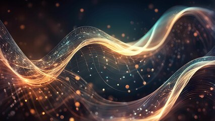 Wall Mural - Glowing orange and yellow light waves flowing in a dark blue background