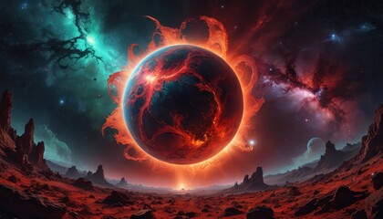 Poster - Fiery Planet in a Starry Sky.