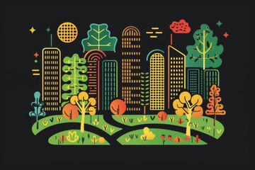 Vibrant vector illustration of a modern cityscape with tall buildings and green parks, emphasizing urban nature and sustainability.