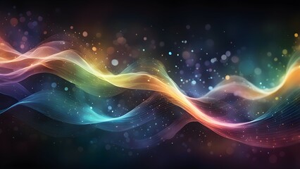 Wall Mural - Multicolor light waves with glowing particles on dark background