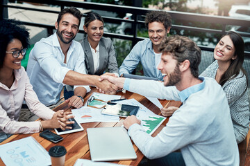 Poster - Cafe, business people and handshake for teamwork, success and partnership in finance project. B2B, professional career and accountant for collaboration, agreement and solidarity with shaking hands