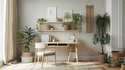 Wall Mural - Scandinavian home office interiors are light and airy, emphasizing functionality with natural materials, clean lines, and a neutral palette, accented by soft pastels.
