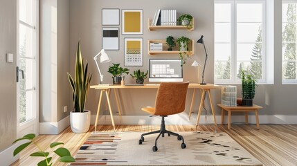 Wall Mural - Scandinavian home office interiors emphasize functionality with natural materials, simple lines, and a neutral palette, often accented by soft pastels.
