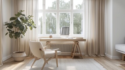 Wall Mural - Scandinavian home office interiors emphasize functionality with natural materials, simple lines, and a neutral palette, often accented by soft pastels.
