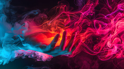 An open hand sticks out into the picture and color smoke fly out of it, dark background