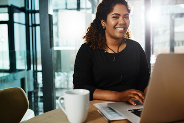 Sticker - Black woman, laptop and report in office portrait, journalist and typing article for column. Female person, writer project and website for business research, feature and professional for planning