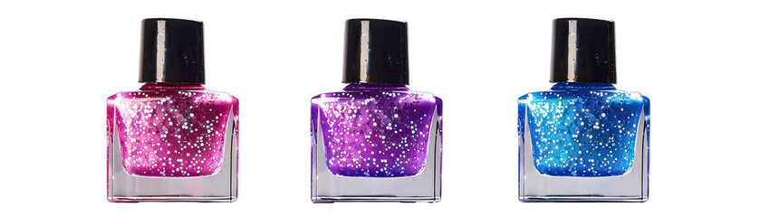Wall Mural - Glittery Nail Polish Bottles in Pink, Blue, and Purple. Isolated on a Transparent Background. Cutout PNG.