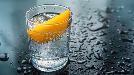 Wall Mural - Glass with sparkling water and lemon slice on wet surface