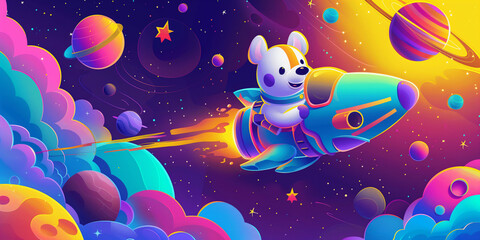 Wall Mural - A colorful cartoon illustration of a dog astronaut, vibrant colors, floating in space with planets and stars scattered around. Details include spaceship and cosmic clouds. Soft light from a distant su