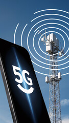 Modern 5G Network Illustration with Smartphone, Radiating Signal Waves, and Communication Tower Against Clear Blue Sky