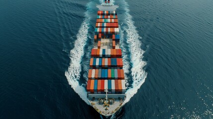 Massive freight vessel navigating the open sea, loaded with colorful shipping containers, symbolizing global transport and delivery efficiency