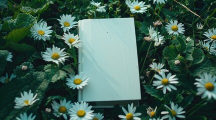 Wall Mural - A white book is sitting on a bed of daisies