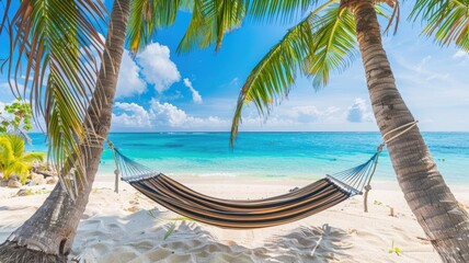 Hammock hangs between two palm trees on sunny tropical beach with clear blue water