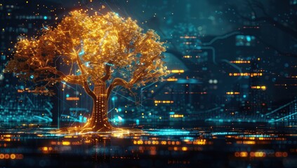 Wall Mural - Digital Tree in a Glittering Technological Landscape