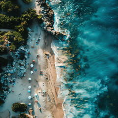 A tropical seascape with a glimpse of a nearby island, sunlight filtering through the clear blue water