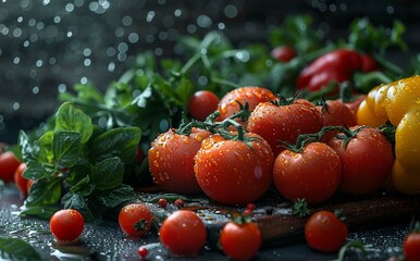 Some red tomatoes and fresh vegetables