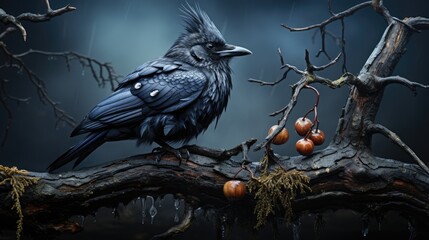 Wall Mural - a black bird sits on a branch with berries in the background.