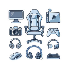 Gaming Setup Icons. PC, Chair, Controller, Headset, Mouse, Camera, Keyboard