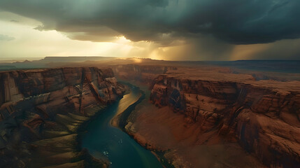 Wall Mural - A drone's view reveals a winding canyon with a turquoise river under a dramatic stormy sky