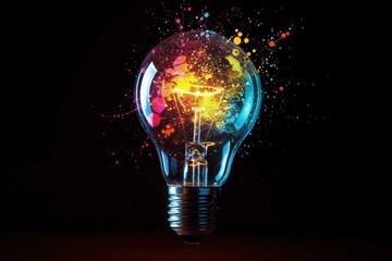 Wall Mural - Creative light bulb with vibrant, colorful splashes on black background, symbolizing innovation, ideas, and inspiration in a dynamic visual.