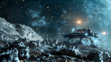 Wall Mural - A futuristic mining drone extracting minerals on an asteroid, with distant galaxies twinkling in the cosmic background