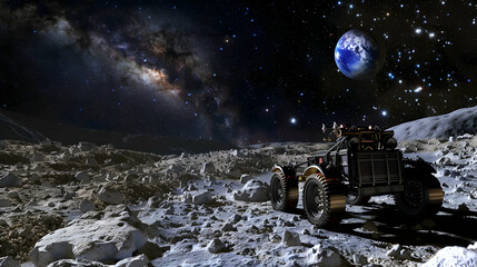 Wall Mural - A lunar rover exploring the rugged surface of the moon under a starry sky, with Earth visible in the distance