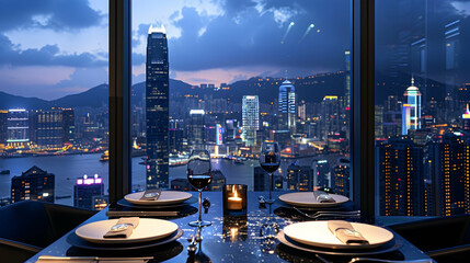 Wall Mural - A minimalist dining table adorned with sleek black plates, modern cutlery, and a panoramic cityscape backdrop offers a chic, urban dining experience