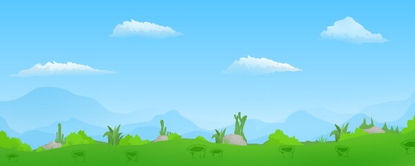 animated garden background. 2d grassland background, cartoon garden illustration, blue sky background illustration