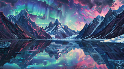 Wall Mural - A serene alpine lake reflecting the shimmering Northern Lights dancing across the sky, surrounded by snow-capped peaks