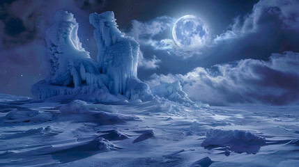 Wall Mural - A surrealistic winter scene with ice sculptures gleaming under a full moon on a snow-covered plateau, ethereal and serene