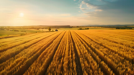 Wall Mural - A sustainable farming community using biofuel technology, surrounded by fields of golden wheat