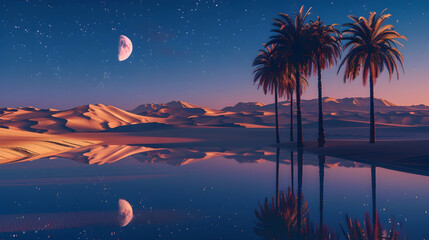 Wall Mural - A tranquil desert oasis under a moonlit sky, with palm trees casting long shadows on the shimmering sand dunes