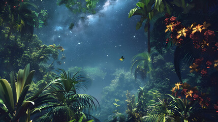 Wall Mural - A tropical rainforest canopy with vibrant orchids and toucans, under a clear canopy of stars at night