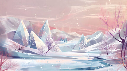 An abstract winter landscape with geometric ice formations and crystalline trees under a pastel-colored sky