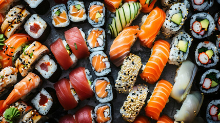 Array of sushi rolls and sashimi. Japanese cuisine selection. Food photography backdrop. Top view with copy space