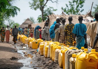 a line of people waiting for water in africa