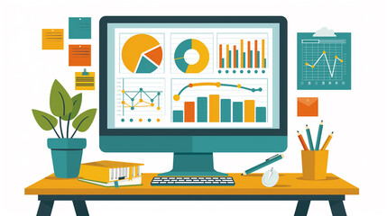 Poster - Modern workplace with computer showing statistical business infographics