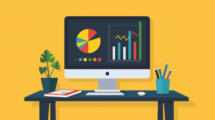 Poster - Modern office desk showing charts and data on computer screen