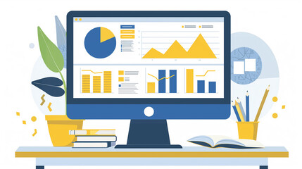 Aufkleber - Computer showing financial data on screen with office desk and supplies