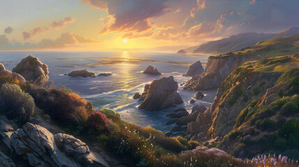 Wall Mural - Coastal cliffs of Big Sur overlooking the Pacific Ocean at sunset, with rugged rock formations and wildflowers blooming along the cliff edges