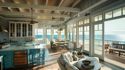 Coastal Cottage Open Living Space with Vintage Kitchen. Beachfront Bungalow Interior, Nautical Decor, and Ocean Views